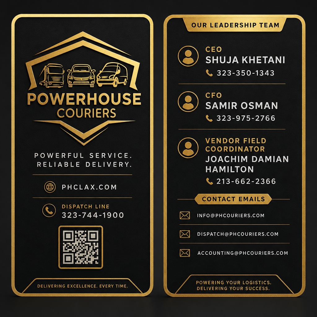 Power House Courier Business Card — CEO Shuja Khetani, CFO Samir Osman, Vendor Field Coordinator Joachim Damian Hamilton, Dispatch (323) 744-1900, info@phcouriers.com