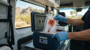 Gloved medical courier placing a sealed UN3373 biohazard specimen bag into a temperature-monitored transport cooler in a van, Arizona desert visible through the window