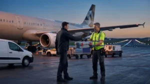 A courier handing a sealed aircraft parts case to a maintenance technician on an airport ramp beside a jet