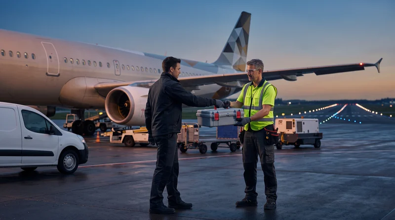A courier handing a sealed aircraft parts case to a maintenance technician on an airport ramp beside a jet