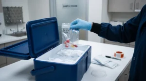 A gloved worker placing a sealed specimen bag into an insulated cooler with ice packs