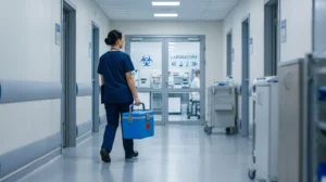 A courier carrying an insulated blood transport cooler along a hospital corridor