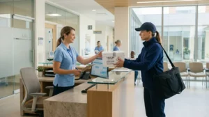 A courier collecting a sealed clinical trial specimen kit from a research site reception desk