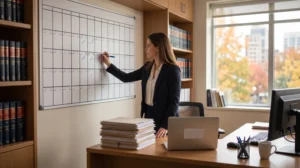A paralegal marking dates on a wall planner beside stacks of court filing folders