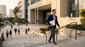 A legal courier carrying a document folder up the steps of a Los Angeles courthouse