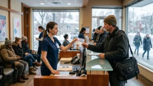 A clinic receptionist handing a sealed specimen bag to a courier at a front desk in winter