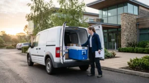 A medical courier loading a temperature controlled cooler into a delivery van at a clinic