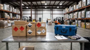 Dangerous goods labelled shipping boxes on a steel table in an air cargo warehouse