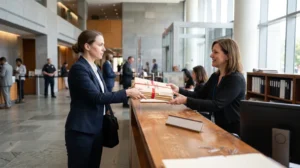 A courier handing a stack of legal document folders to a court clerk at a courthouse filing counter