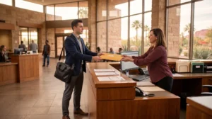 A legal courier handing a sealed document envelope to a court clerk at a Phoenix courthouse filing counter