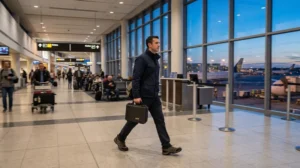 A courier carrying a sealed case through an airport terminal towards the departure gates