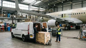 An aircraft parts crate being unloaded from a courier van inside a maintenance hangar
